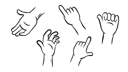 Obraz premium Hand Drawn Cartoon Hand Gestures: Open, Pointing, Grabbing, Fist, and Rock On, Isolated on White Background, Vector Illustration. Transparent