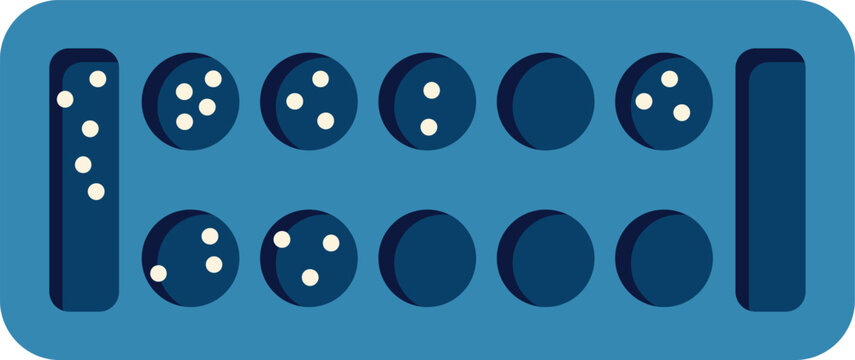 Minimalist blue illustration of a traditional mancala board with playing stones