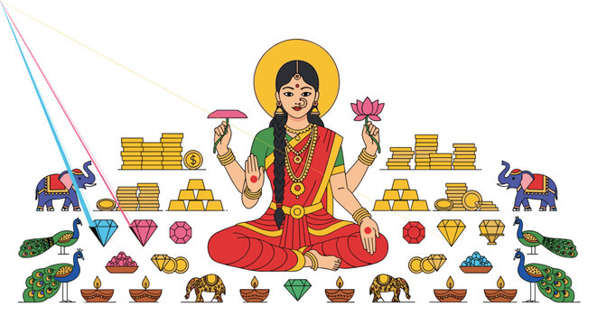 A meticulously detailed illustration of Goddess Lakshmi sitting in a serene lotus pose surrounded by abundant piles of gold coins and vibrant precious gems.