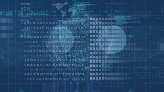 Animation of data processing over spinning globe against blue background