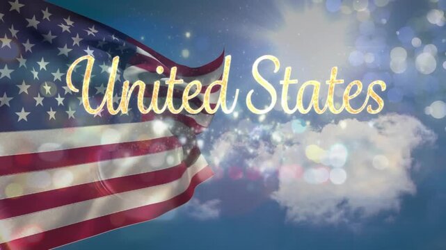 Animation of united states text over flag of united states of america