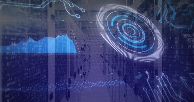 Falling code streams driving HUD appearing waveform rising traces linking for monitoring