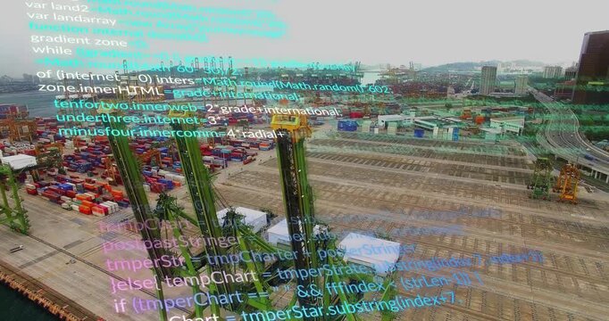Drone arriving at dawn revealing gantry cranes while scrolling code overlay visualizing port data