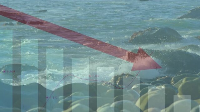 Incoming waves crashing and receding over bar chart, red arrow indicating decline, showing downturn
