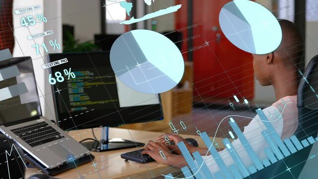 Software engineer typing code after colleague pointing at screen, animating charts and world map