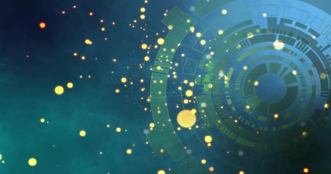 Concentric HUD activating, emitting gold particles drifting left to reveal rings and show data flow