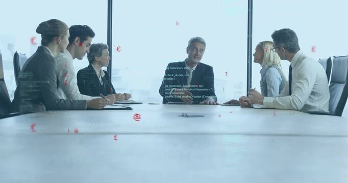 Lead exec resting hands leaning forward and addressing boardroom team noting, red overlay on notes