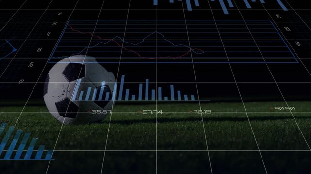 Player's leg entering and kicking ball on turf, sports HUD overlaying ball and foot showing metrics