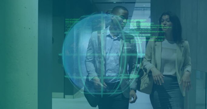 Vertical video: Man and woman team walking hall motion holding AR globe showing green code for data