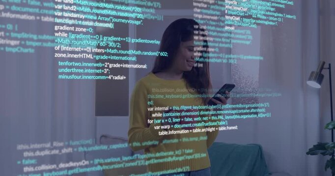 After ping female checking message, scrolling phone and sipping mug, code overlay moving across