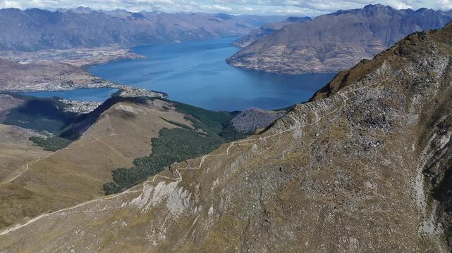 Aerial view of Ben Lomond mountain summit above Queenstown New Zealand