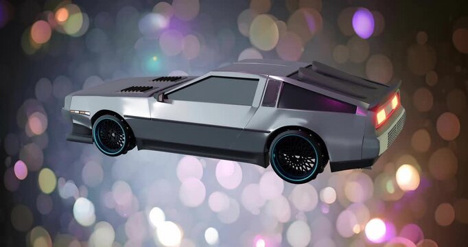 Playback starting, 3D sports coupe rotating, showing grille vents wheels purple glow over bokeh