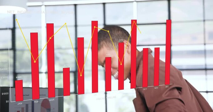 Woman high-fiving man in office, fiscal chart appearing and guiding man engaging monitor