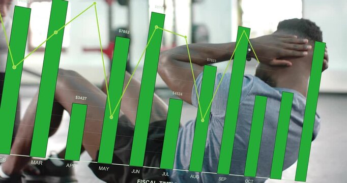 Trainer cueing, trainee performing crunches for form while fiscal chart overlaying trainee