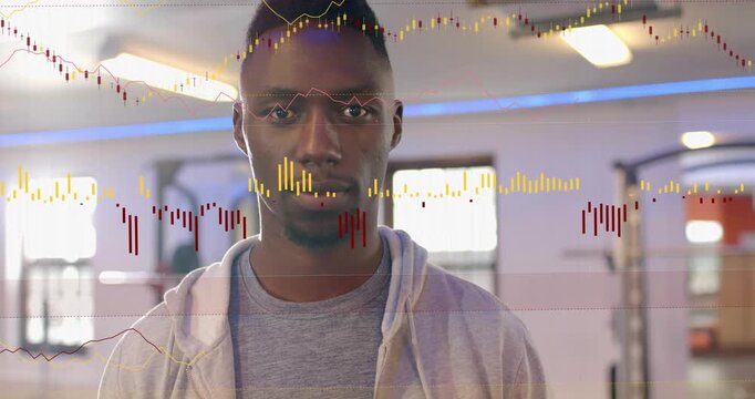 Frame four starting candlesticks bars and lines sweeping over centered man visualizing fitness data