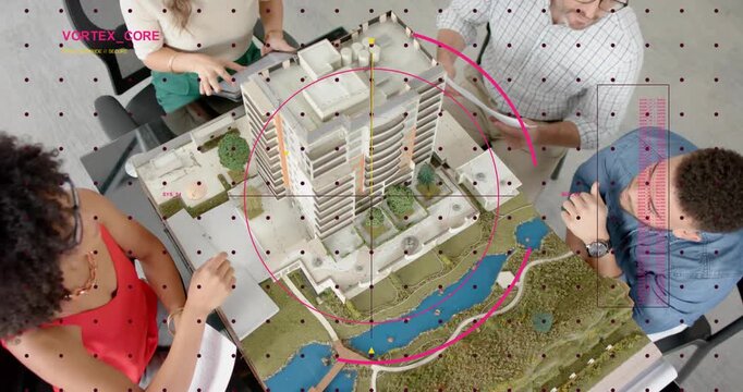 Pink overlay appearing, architects pointing at model, tracing terraces, reviewing layout on tablet