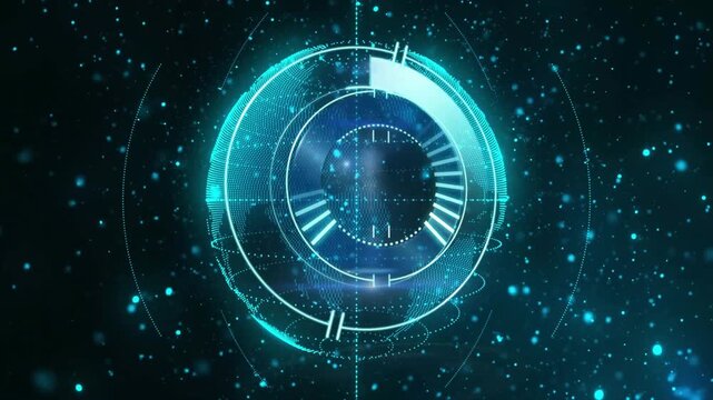 Sequence starting, HUD circle rotating in space field, scanning glowing cyan core and rings