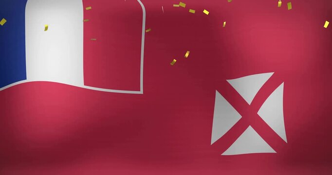 Confetti rising then falling over waving red flag, obscuring then clearing motifs, festive
