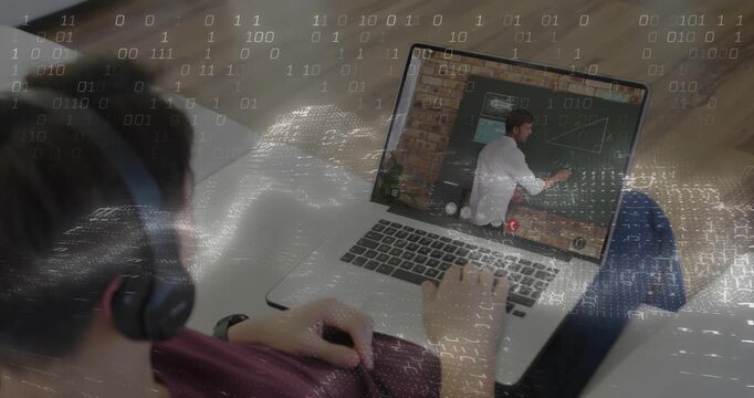 Teen student tapping laptop and watching instructor, initiating binary stream overlaying lesson