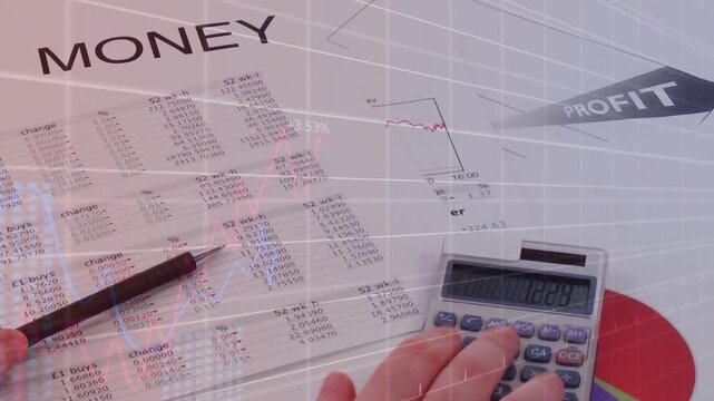 CPA hands entering, using calculator, pen pointing MONEY, showing percent charts, grids for profit