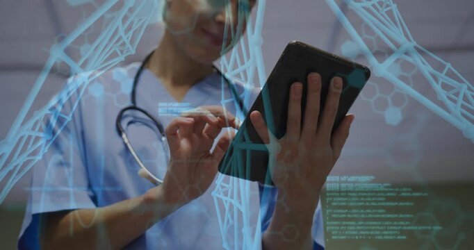 Female nurse holding tablet, tapping, swiping, causing blue helix and code overlays for medical use