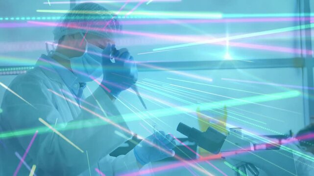 Lab tech reaching pipette, pipetting tube for scope analysis while light streaks overlaying bench