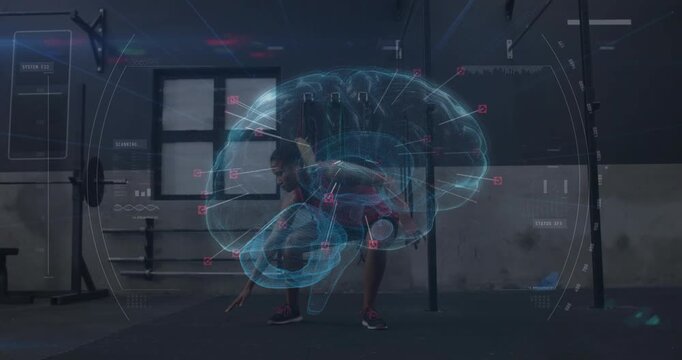 Woman jogging entering leg set ending squat exiting causing brain nodes sync with limbs for fitness
