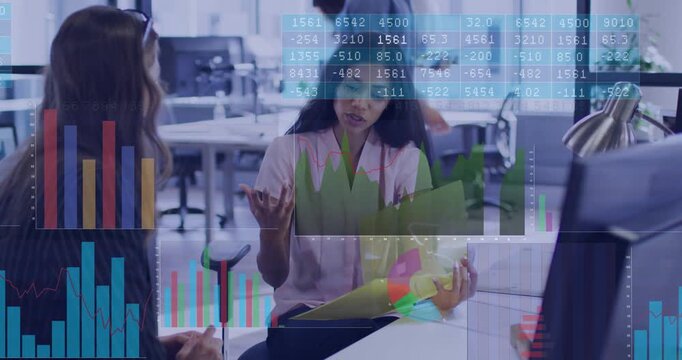 Lead opening yellow folder showing business docs while peer listening, HUD charts overlaying papers