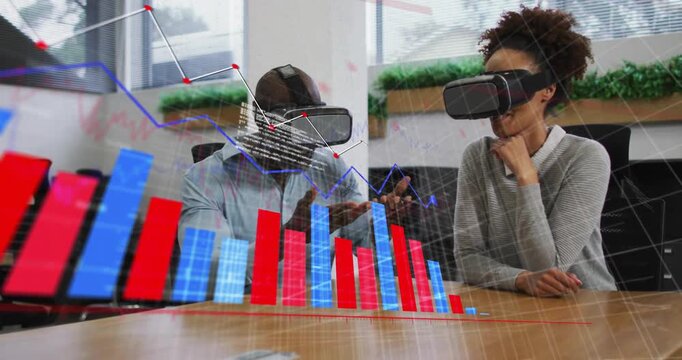 Wearing VR headsets, man pinching, woman pointing red-blue bars, line graph animating for data demo