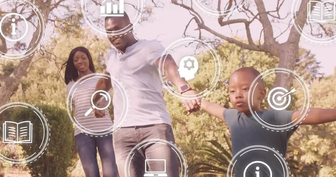 Vertical video: Family walking park, frame 2 starting education icons over watch showing learning