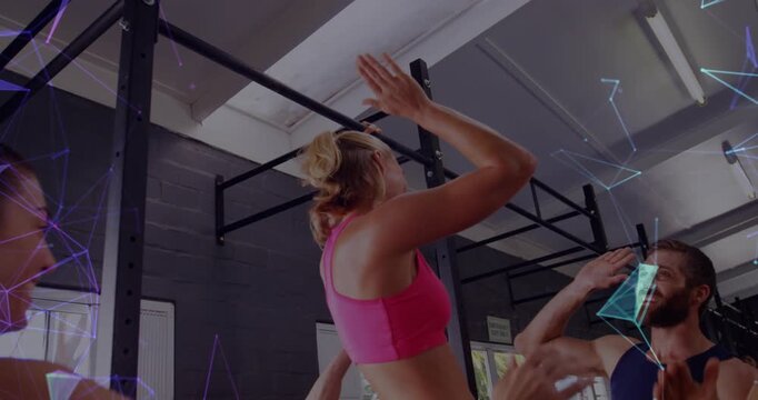 Woman grabbing rig starting pulling getting highfives finishing pullup training purple or blue frami