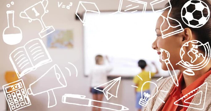 Teacher turning to watch pupils writing on board while doodles overlaying scene, guiding education