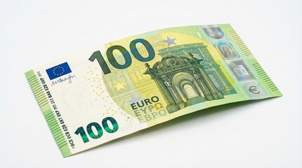 Obraz premium Close-up of a 100 Euro banknote on a white background, European currency, money, finance, economy, 100 Euros, cash, bill, note, currency, wealth, business, European Union