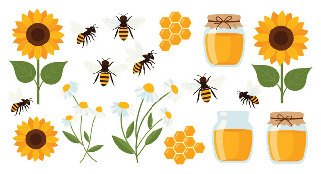 Vibrant summer honey collection showcasing large yellow sunflowers and white daisies alongside flying bees and hexagonal honeycombs filled with sweet nectar.