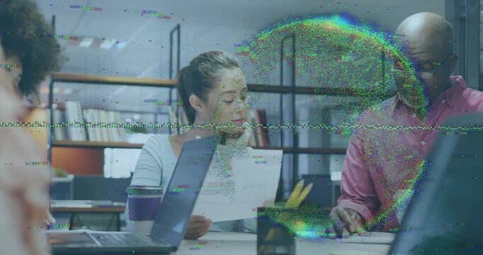 Ponytailed woman and man in pink doing office document review, man pointing, scan lines overlaying