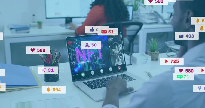 Man at laptop during call, one ping sparking converging badges, hearts and views tracking NFT