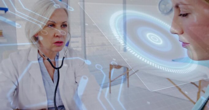 Patient extending arm starting doctor placing stethoscope, assessing vitals via blue HUD