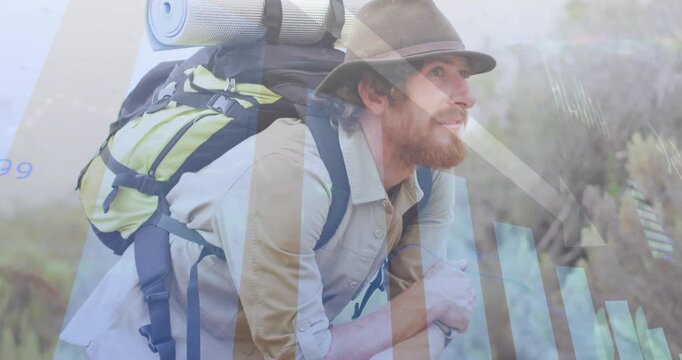 Vertical video: hiker resting on trail, turning head and smiling while tech bars drifting over him