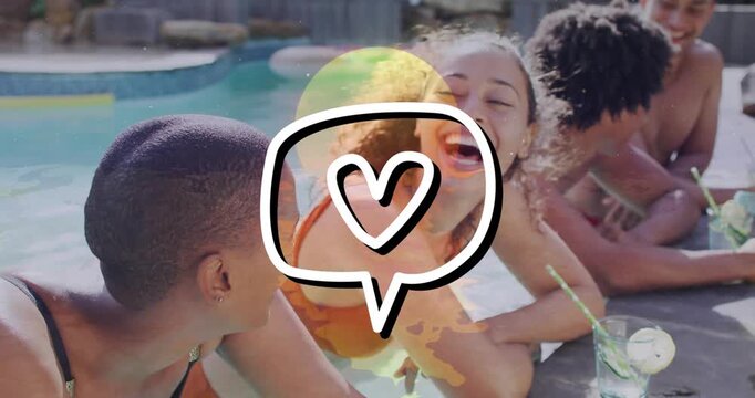 Animated heart bubble appearing over pool causing friends turning closer and laughing for marketing