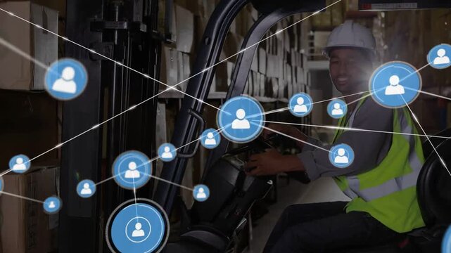 Vertical video: Forklift driver at controls in warehouse blue icon appearing and showing team links