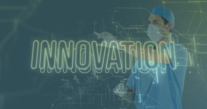 Doctor uncrossing arms and tapping INNOVATION hologram, animating schematics, showcasing med tech