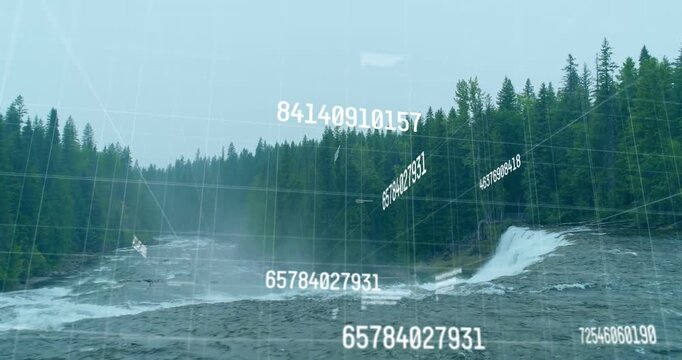 Sensor scan initiating overlay, rapids flowing, numeric strings rising and grid mapping waterfall