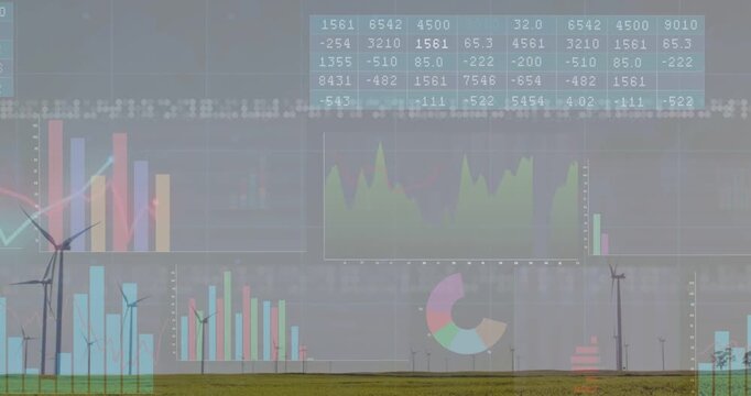 Data stream starting, overlaying clear charts above turbines, fading, sliding, showing power trends