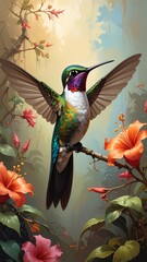 Fototapeta premium A vibrant hummingbird with iridescent feathers spreads its wings on a branch amidst blooming hibiscus flowers, sunlight filters through foliage