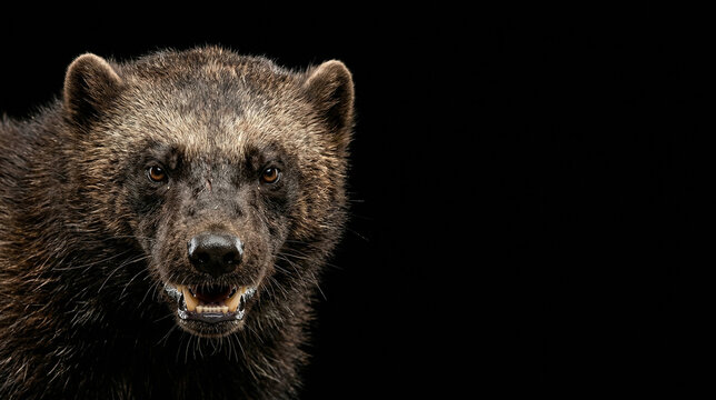 Close-up portrait of a fierce wolverine (Gulo gulo) on a pitch-black studio background with negative space for text, sharp focus on powerful jaw and intense gaze