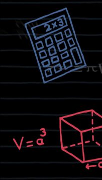 Vertical video: On play blue calculator entering and tilting as red cube nudging illustrating math