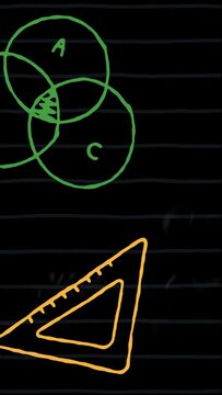 Vertical video: Orange stroke appearing drawing green Venn and orange ruler labels adding for notes