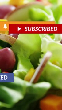 Vertical video: Cursor clicking subscribe ribbon badges sliding over salad driving marketing growth