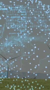 Vertical video: Starting overlay rising over green field turbines, nodes pulsing and tracking power