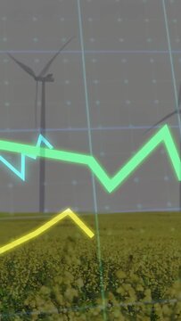 Vertical video: Dotted grid appearing in sky, graphs rising, peaking near turbines, showing power